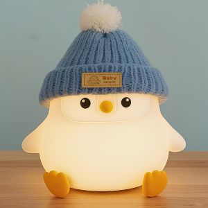 Veilleuse Enfant Pingouin Avec Bonnet Tricot&eacute; Bleu, Veilleuse B&eacute;b&eacute;, Rechargeable/&Agrave; Intensit&eacute; Variable, Avec Fonction Interrupteur Tactile,Veilleuse Led En Silicone - Neuf