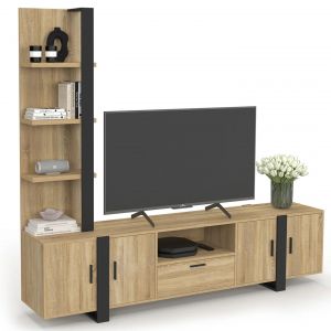 Ensemble meuble TV avec &eacute;tag&egrave;res et placard 200 cm PHOENIX bois et noir - Neuf