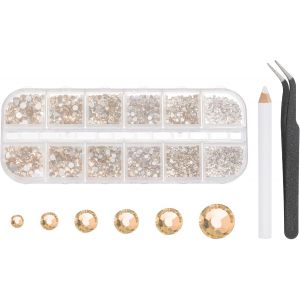 Kal-Ensemble De Strass Plats Ronds, 6 Tailles De Diamants En Verre &Agrave; Dos Plat Avec Pincettes Et Stylo De Pr&eacute;l&egrave;vement Pour Nail Art, Artisanat De Maquillage, Jaune Clair - Neuf