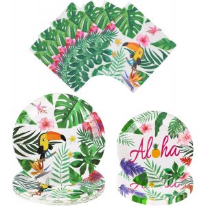 Checarzhn--No1-Ensemble De Vaisselle De Fête Hawaïenne, Fournitures De Fête Tropicale, Assiettes Et Serviettes En Papier Pour Fête D'anniversaire Aloha, Pour 24 Invités - Neuf