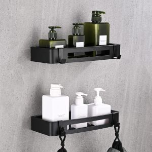 Étagère de douche murale de salle de bain sans perçage, auto-adhésive, en acier inoxydable SUS304 avec crochet et panier de rangement rectangulaire amovible en ABS, 2 pièces, noir - Neuf