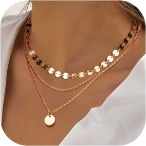 Kal-Lot 3 Colliers Or Pour Femme 18 Carats Collier Multicouche Pendentif Pour Femme Collier Ras Collier Chaîne Boho Colliers Argent Femme Ensemble Chaîne Femme Bijoux - Neuf
