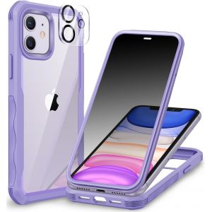 Maa-Anti Espion Coque Iphone 11, Avec Protection Écran Verre Trempé Anti Espion Et Protecteur Caméra [9h Hd] 360° Antichoc Téléphone Housse Double Face Case Intégrale Etui Transparente -Violet - Neuf