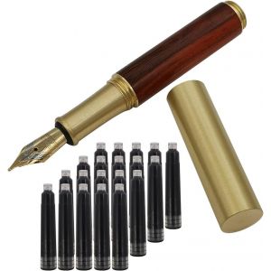 Kalhj-Stylo Plume En Bois Et Laiton Fait À La Main (85 Mm) Avec 20 Cartouches D'encre Noire,Texture Marron-Rouge - Neuf