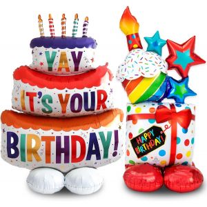 Standing Birthday Balloon, 2 Pieces Inflatable Birthday Standing Balloon, Standing Cake Balloon And Standing Balloon Gifts, Standing Cake Balloon Decoration, For Birthday Party (B) - Neuf