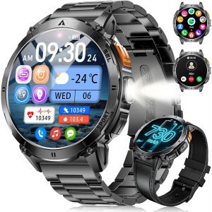 Shou-Montre Connectée Homme Avec Torche Led,3atm Étanche/730 Mah Militaire Smartwatch Avec 119 Modes D'exercice 1,62'' Hd Amoled Écran Podometre Fréquence Cardiaque 24/7 Pour Ios Android,2 Câbles - Neuf