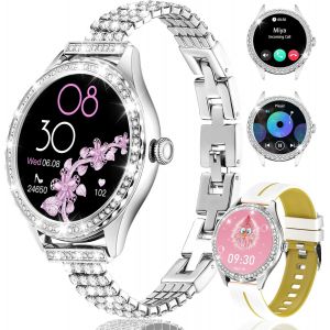 Montre Connectée Femme Stylée : Bracelet Incrusté De Diamants & En Silicone, 123 Modes De Sport, Suivi De Santé, Compatible Android 5.0 & Ios 9.0+, Écran Haute Définition Montre Sport Femme Argent - Neuf