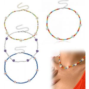 Collier Perle Femme,Collier De Perles Minuscule Perles Choker Boho Color&eacute; Rainbow Choker Bijoux Cha&icirc;ne Pour Les Femmes Et Les Filles,R&eacute;glable 12-16 Pouces (4 Pi&egrave;ces) - Neuf