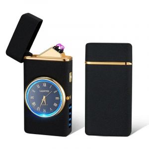 (Bleu) Nouvelle Horloge En M&eacute;tal, Briquet &Agrave; Double Arc, Affichage Led, Rechargeable Par Usb, Portable, Sans Flamme, Lampe De Poche Pour Camping En Plein Air, Cadeaux Pour Hommes - Neuf