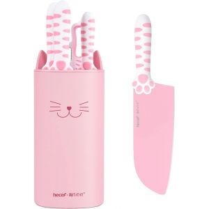 Mevronisshop-Set Couteaux Cuisine 5 Pi&egrave;ces Rose &iquest; Design Patte De Chat Unique, Lame Large Acier Inoxydable Anti-Adh&eacute;sif, Manche Ergonomique Bicolore Pp+Tpr, Bloc &Agrave; Couteaux Amovible, Id&eacute;e Cadeau Cuis - Neuf