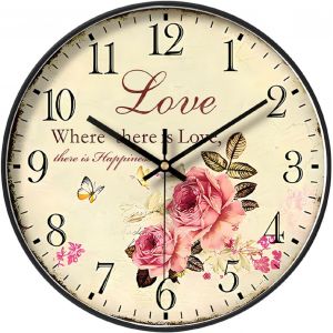 ChenQuanSarl-Horloge Murale À Fleurs Roses De 30,5 Cm - Style Rétro Rural Pastoral Floral - Fonctionne Avec Piles - Horloge Ronde Silencieuse À Quartz Pour Bureau, Salon, Chambre À Coucher, Cuisine, - Neuf