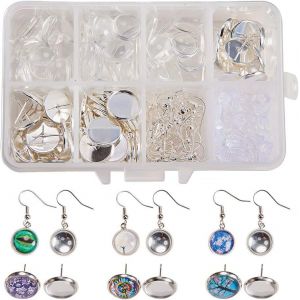 Kal-1 Bo&icirc;te Bricolage 30 Paires De Boucles D'oreilles Pendantes De Cabochon Faisant Le Kit 60pcs R&eacute;glages Lunette Avec Cabochons De Verre 60pcs 12mm,Crochets De Boucle D'oreille,Argent - Neuf