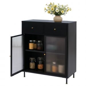 Commode HWC-O87, armoire buffet haut, compartiments de rangement tiroirs m&eacute;tal industriel verre osier 96x80x40cmnoir - Neuf