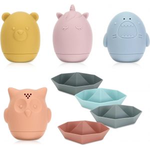 KAL-8 Pièces Jouet Bain Bébé En Silicone,Jouets De Bain Pour Bebe,Jeux Montessori Bébé Eveil,Jouets De Bain En Silicone,Animaux Jouets Flottants Avec Ouverture,Pulvérisable - Neuf