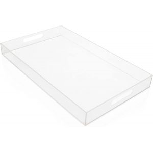 Checarzhn--No1-Plateau Transparent En Plastique Acrylique Avec Poignées - L40 X L30 Cm - Extra Grand Plateau Rectangulaire Anti-Fuite Décoratif - Petit Déjeuner, Thé/Café, Aliments, Boissons - Neuf