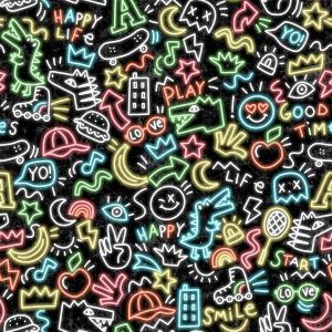 Store Tissu En Jersey De Coton À Coudre-1 M-Pas De Mètre-Tissu Pour Enfants (Doodles Noir Fluo Jb026) - Neuf