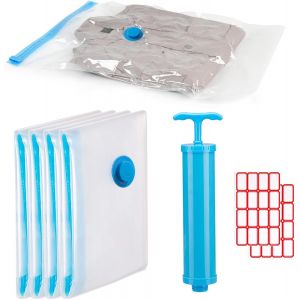 SJZG-Sacs De Rangement Sous Vide, Sacs Compression,50 * 70Cm Sacs De Compression R&eacute;utilisables, Sac De Voyage Sous Vide, Sacs Sous Vide Pour V&ecirc;tements, Pompe Sous Vide, &Eacute;tiquettes Autocollantes, 4 Pi - Neuf