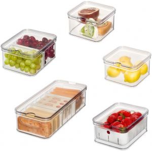 Chenquansarl-Idesign Boite De Rangement Cuisine, Organisateur Frigo Avec Couvercle En Set De 5, Bac De Rangement Plastique Recyclé Pour L'organisation Du Garde-Manger, Transparent Et Blanc - Neuf