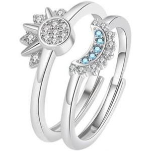 Kahfl-Bague Femme Jewebella Design Soleil Et Lune Avec Cristaux Ajustable Ring Bijoux Bague Argent Pour Toutes Occasions - Neuf
