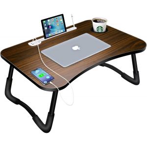 KALANKA-Table de Lit Pliable, Support Ordinateur Portable Avec 4 Ports USB/Tiroir/Fente pour Tasse/Tablette, Plateau pour Canap&eacute;, Sol (60x40cm, Marron) - Neuf