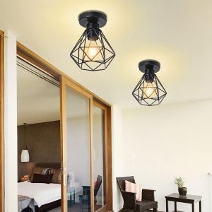 Kal-2 Pack E27 Plafonniers Industrielles Métal Cage Noir Vintage Suspension Forme Diamant Rétro Luminaire D'eclairage (2 Packs -Ø16cm) - Neuf
