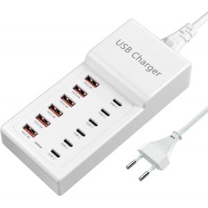 LORANKA-Chargeur USB C &agrave; 12 Ports, Station de Recharge USB 50W/10A [6 USBC + 6 USBA], Chargeur multiports pour iPhone 16/15/14/13/iPad/Samsung S24/S23/S22/Google Pixel/Tablette/&eacute;couteurs - Neuf