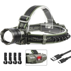 Lampe Frontale Led Ultra Puissante 90000 Lumens, Lampe Frontale Rechargeable Avec 4 Modes Et Avertissement Rouge, 5000mah Usb-C Lampe Torche Léger Étanche Pour Camping Randonnée Pêche - Neuf