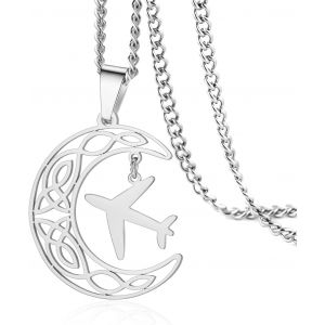 Kal-Collier En Acier Inoxydable Avec Pendentif En Forme D'avion Et Croissant De Lune Celtique - Neuf