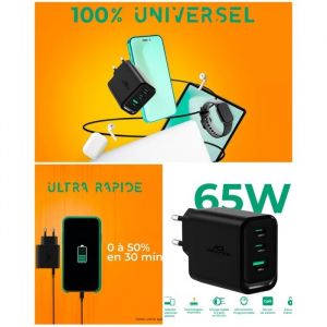 Chargeur Secteur Smarthphone &iquest; 65W -2 USB-C &iquest; 1 USB-A - Compatible MacBook Air- Charge rapide Samsung, iPhone, Huawei, tablettes - Neuf