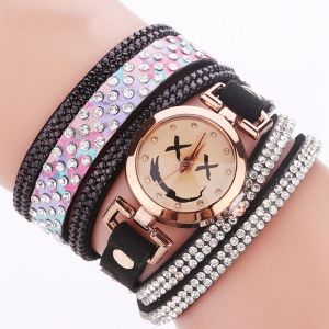 Montre A Quartz Ccq Pour Femme, Bracelet En Daim Multicouche, Strass, Tendance (Noir) - Neuf