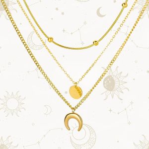 Kal-Bohemia Multilayer Ladies Collier, Boho Collier Ras Du Cou Avec Pendentif Soleil Et Lune, Collier Croissant De Lune, Pendentif Croissant De Lune Vintage, Collier Multicouche Pour Femmes (Or) - Neuf