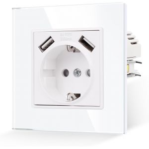 Prise unique avec 2 ports USB en verre blanc avec crochet 16 A-Prise Schuko standard-Vitre en verre tremp&eacute;-Contact de protection-Prise murale 2,1 A,86 mm 250 V - Neuf