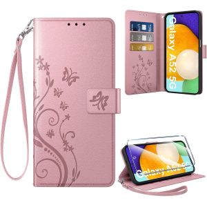 KAL-Coque Pour Samsung Galaxy A52 5G /A52S 5G/A52 4G + 1 Verre Tremp&eacute;, Retro Design Housse Premium En Cuir Pu Pochette De Portefeuille Pour Porte Cartes Fonction Stand Flip Etui, Gold - Neuf