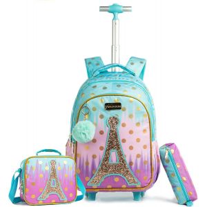 CHECARZHN--NO1-Sac À Dos À Roulettes Enfants, Sacs À Roulettes Avec Sac À Lunch Et Sac À Crayons, Sac À Dos Trolley Cartable Roulette Val De Vacances Sac D'École Le Cadeau Parfait - Neuf