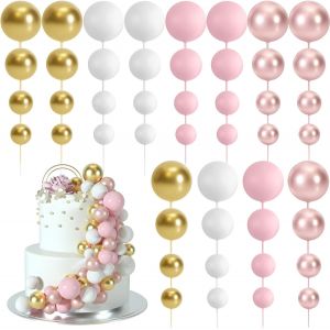 CAUC-48 Pièces Boules de Décoration de Gâteau Décorations de Cupcake en Ballon Boules de Gâteau pour Fête d'anniversaire Décoration de Gâteau d'Anniversaire(Or Rose, Rose, Blanc, Or) - Neuf