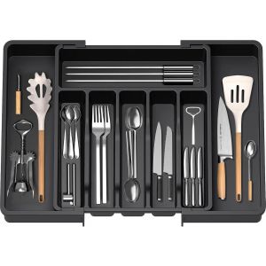 Jexnovashop-Plateau D'ustensiles Extensible Pour Tiroir,Range Couverts,Organisateur De Tiroir Pour La Cuisine,Support De Rangement En Plastique Pour Couverts, Cuill&egrave;res, Fourchettes,Etc,Noir - Neuf