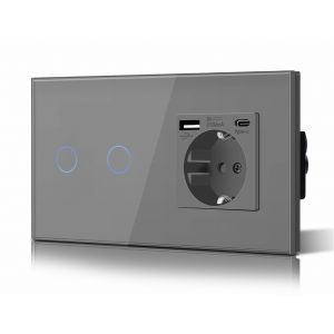 Schuko Interrupteur D'Éclairage, Prise, Encastré, 2 Compartiments, 2 Voies, Prise 3-En-1, Puissance De Charge Usb 2,1 A, Adaptateur De Type C, Station De Charge, Rallonge En Verre,[MAT790457] - Neuf