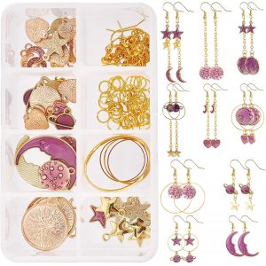 1 Boîte 136pcs 11 Styles Bricolage Faire De Boucles D'oreilles Étoile Lune Faisant Kit Émail Plat Rond Coeur Breloques Anneaux De Liaison Résultats De Boucle D'oreille Pour Femmes Boucle - Neuf