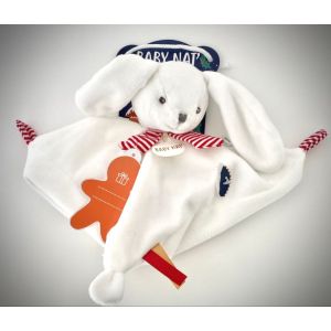 Doudou lapin No&euml;l Baby nat blanc &eacute;charpe ray&eacute;e rayures rouges peluche jouet b&eacute;b&eacute; - Neuf