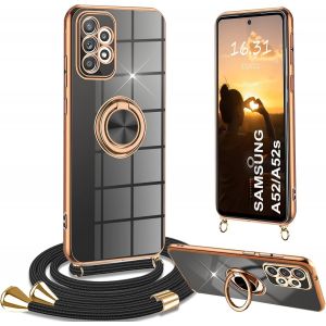 Kal-Coque Pour Samsung Galaxy A52s 5g/A52 4g/5g, Coque Pour Samsung A52 5g Silicone Housse 360° Voiture De Bague Magnétique Étui Antichoc Avec Cordon Tour De Collier Réglable Case Cover, Noir - Neuf