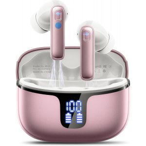 KAL-Écouteurs Bluetooth, Bluetooth 5.3 Stéréo Hifi Avec Micro Annulation Du Bruit, Casque Sans Fil In Ear 40H Led Affichage Écouteurs Bluetooth Ip7 Étanche Sans Fil Usb-C Rose Gold - Neuf