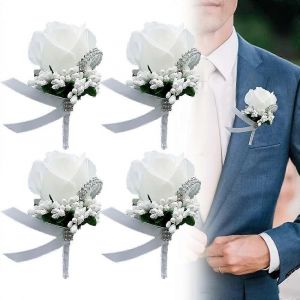 4Pcs Mariage Boutonni&egrave;re Blanc Rose,Rose Boutonni&egrave;re Fait &agrave; la main Mariage Poignet Fleur Corsage - Neuf