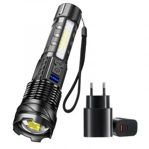 Hutp-Lampe De Poche Led Torche Rechargeable Haute Puissance Lumière Forte Lampe De Poche Longue Portée Lampe Zoom Tactique Lanterne De Camping En Plein Air-Add Plug - Neuf