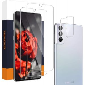 Lot De 2 + 2 Films De Protection D'&eacute;cran En Verre Blind&eacute; Pour Samsung Galaxy S21 5g Duret&eacute; 9h Anti-Rayures + Film De Protection Pour Appareil Photo Bord Rond 2,5d Qualit&eacute; Hd 0,33 Mm Sans - Neuf