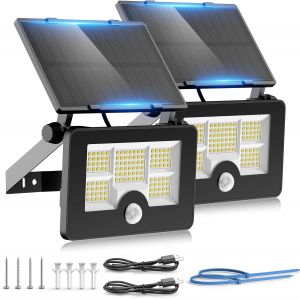 Lot De 2 Lampes Solaires D'ext&eacute;rieur &Agrave; 122 Led Avec D&eacute;tecteur De Mouvement, &Eacute;tanch&eacute;it&eacute; Ip65, Angle D'&eacute;clairage 120&deg;, Applique Murale Solaire Pour Jardin Avec C&acirc;ble Usb - Neuf