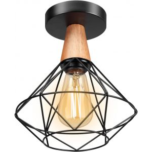 Kal-Plafonnier Industriel, E27 Plafonnier Vintage En Métal Cage Et Bois, Suspension Luminaire Rétro Design Chambre, Luminaires Intérieur Pour Salon, Chambre, 22cm(Ampoule Non Incluse) - Neuf