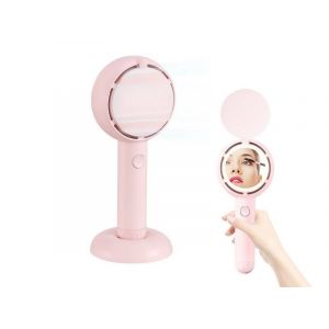 Ventilateur portable avec miroir de maquillage - Rose, rechargeable avec lumi&egrave;re LED et vitesses r&eacute;glables - Neuf