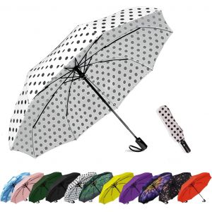 Parapluie De Voyage Compact Coupe-Vent - Parapluie Automatique Pour La Pluie - Petit Parapluie Portable Coupe-Vent Pour Homme, Femme, Adolescent (Pois Blancs) - Neuf