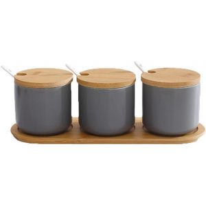 Sjzg-Lot De 3 C&eacute;ramique Sucrier Rond Seasoning Containers Pot &Agrave; &Eacute;pices Sel Spice Jar Condiments Bo&icirc;te Avec Cuill&egrave;re Et Plateau En Bambou - Neuf
