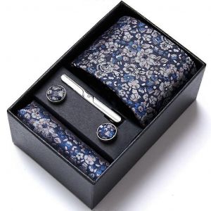 Cravate, Pochette De Costume, Boutons De Manchette, Pince &iquest;&iquest; Cravate, Coffret Cadeau Mariage Homme, Gris Clair Fin, Largeur 7,5 Cm - Neuf